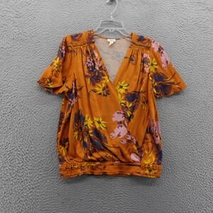 Tiny Floral V Neck Blouse Medium Orange Multicolor Womens Short‎ Sleeve Boho